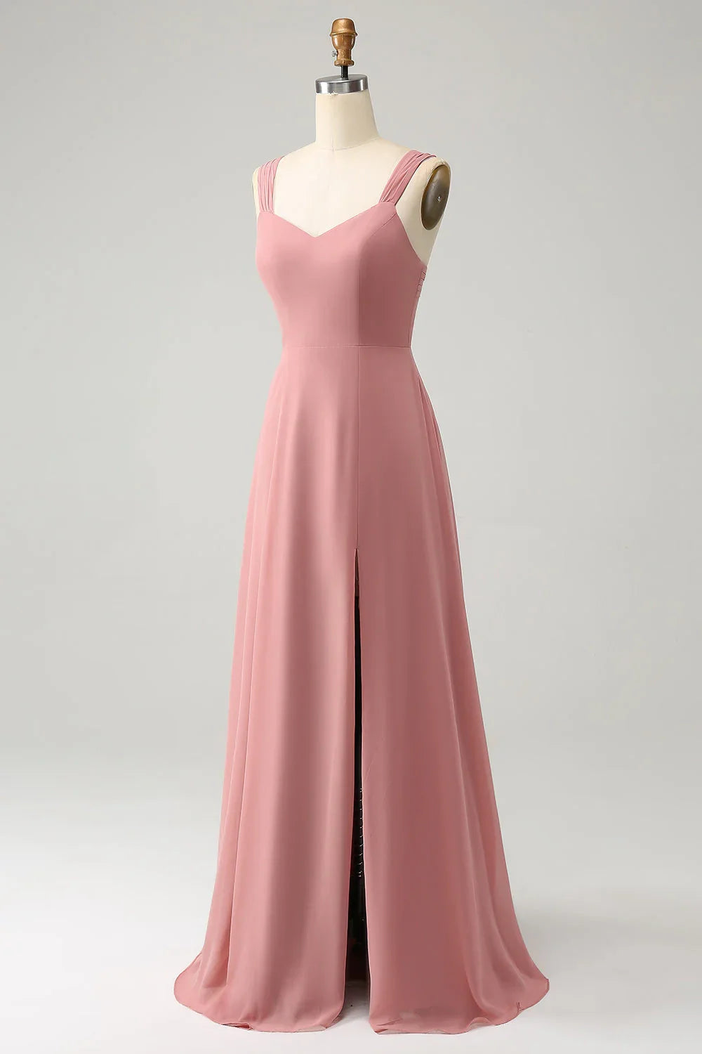 Elegant A-line slim shoulder strap pleated long slit bridesmaid dress