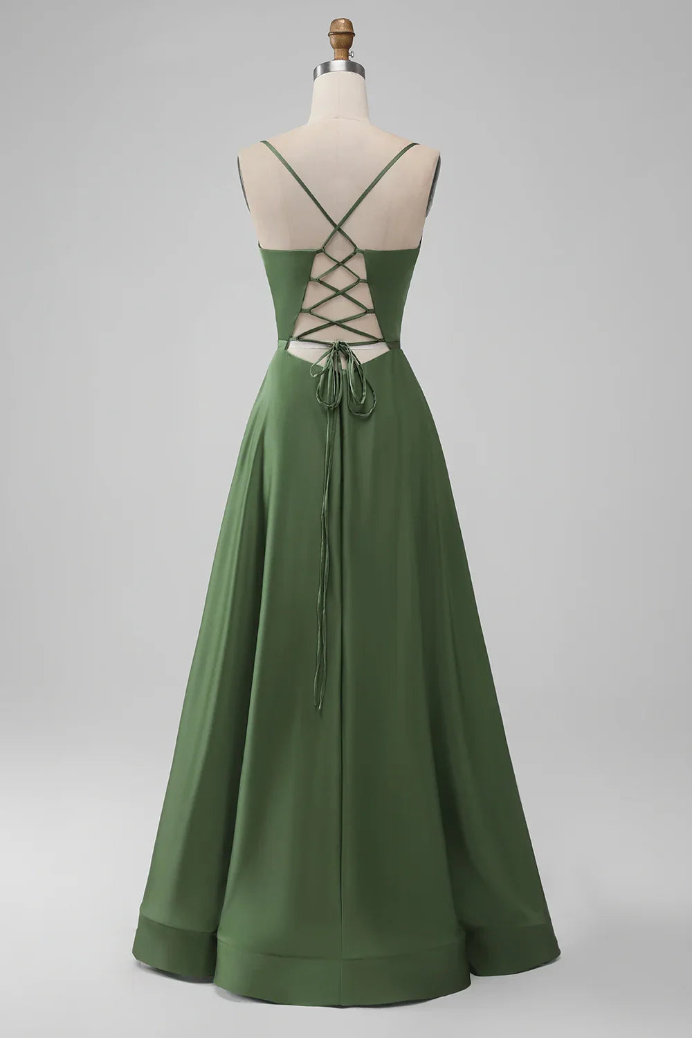 Elegant A-line slim shoulder strap waist cinching long back tie bridesmaid dress