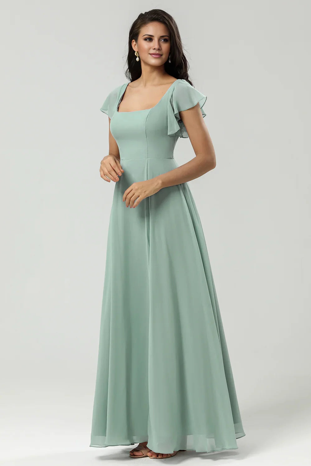Elegant A-line square neck and chiffon slit bridesmaid dress