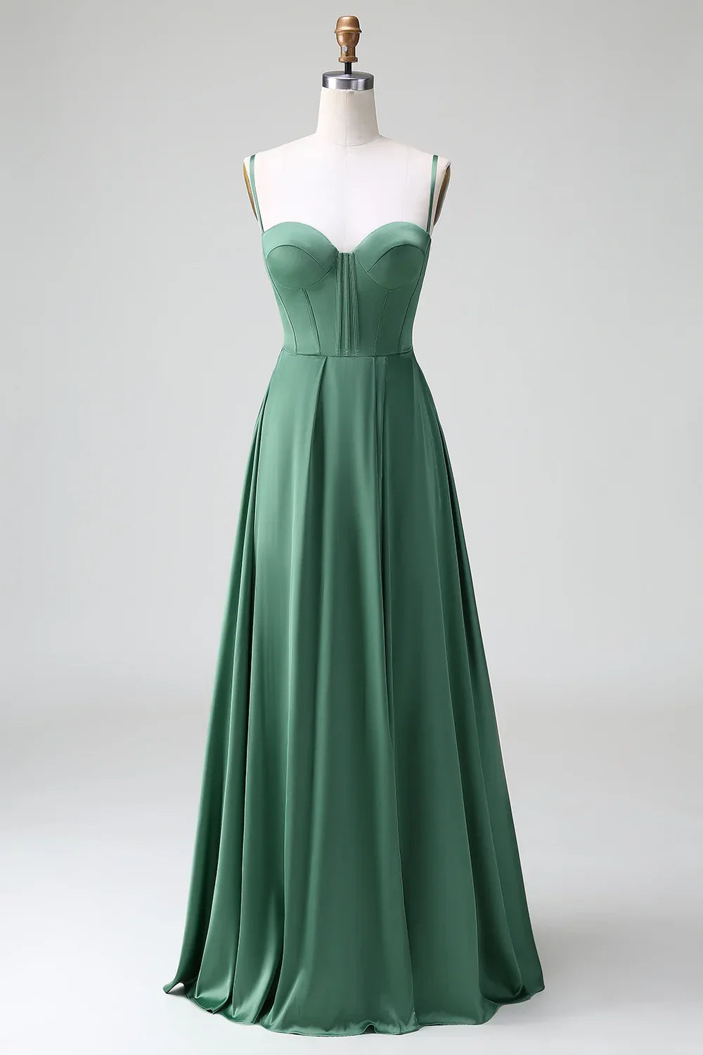 Elegant A-line thin shoulder strap waistband pleated satin back tie bridesmaid dress