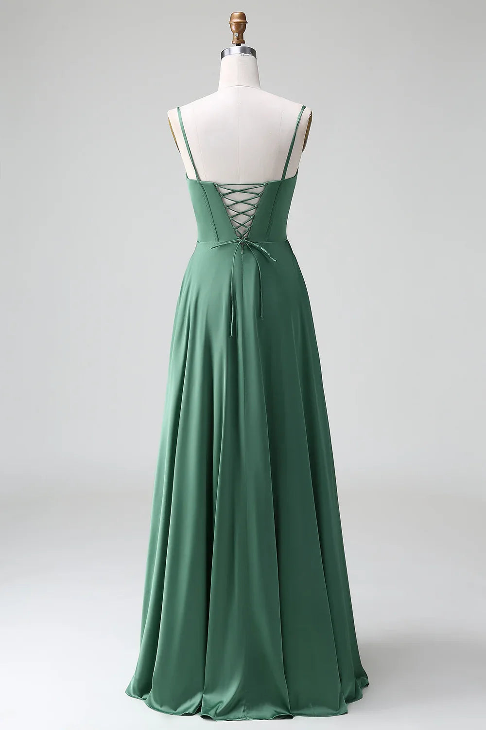 Elegant A-line thin shoulder strap waistband pleated satin back tie bridesmaid dress