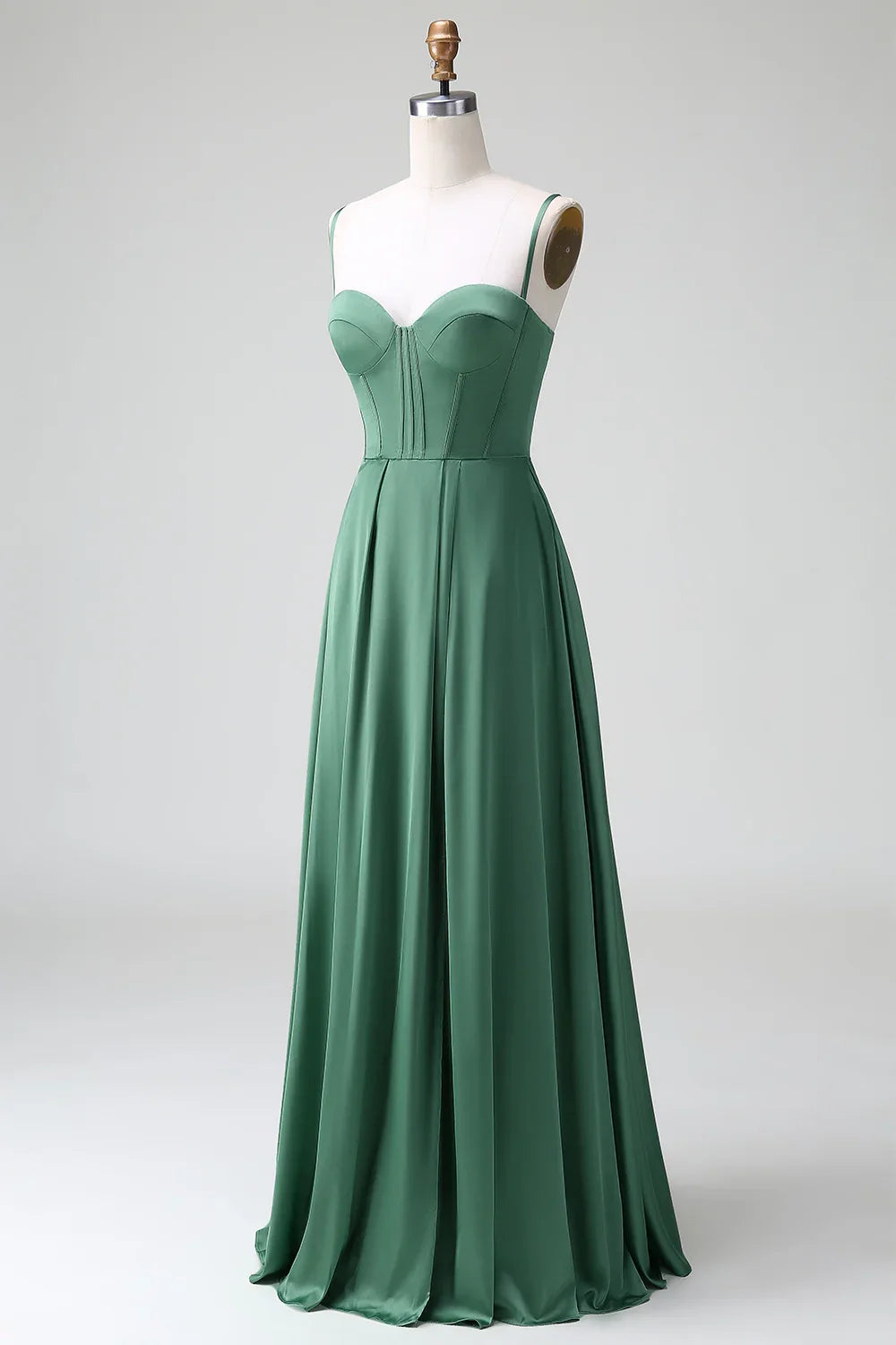Elegant A-line thin shoulder strap waistband pleated satin back tie bridesmaid dress