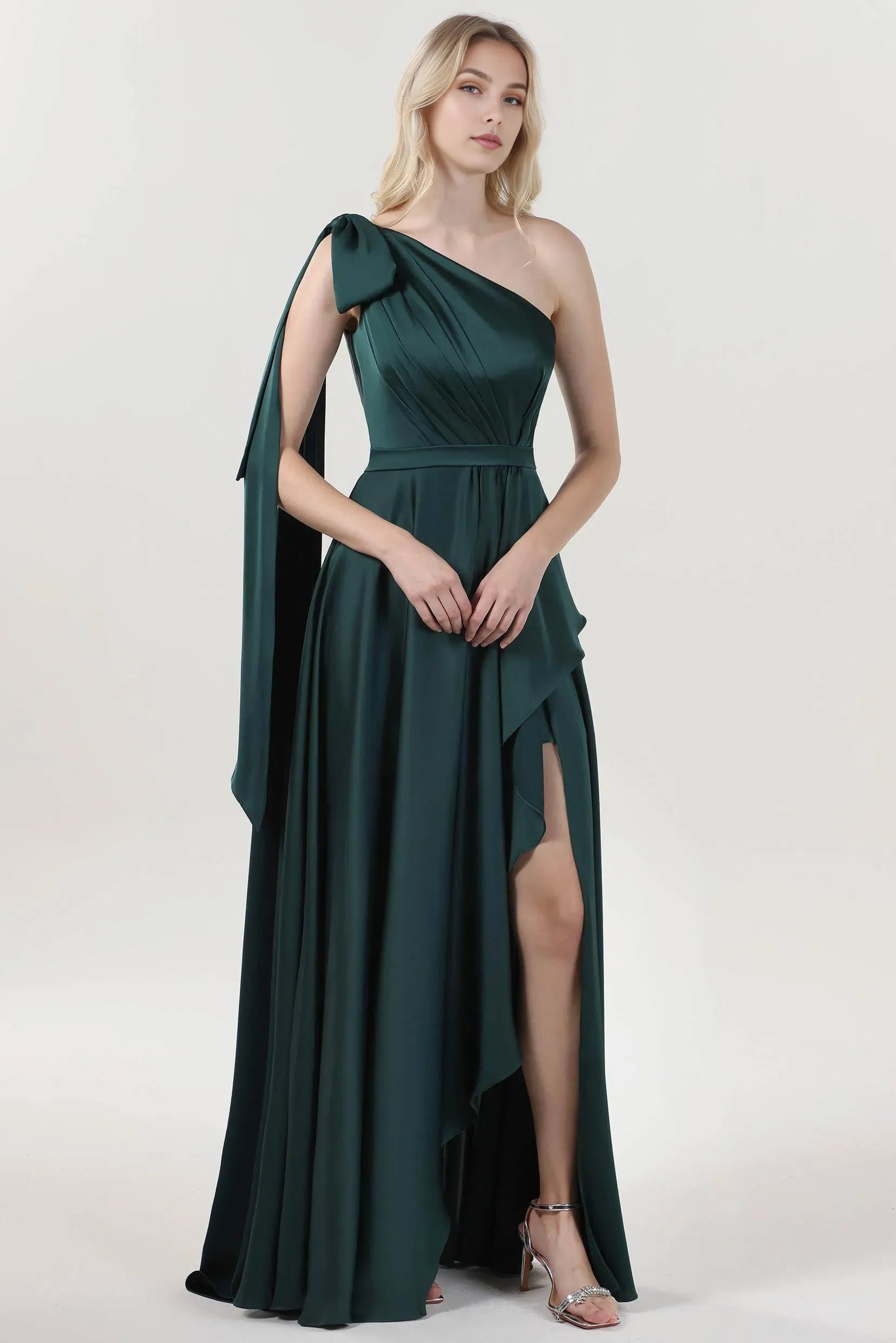 Elegant Asymmetrical One-Shoulder Sleeveless Back Zip Floor-Length Satin Drape-Detail High-Slit Prom Dress
