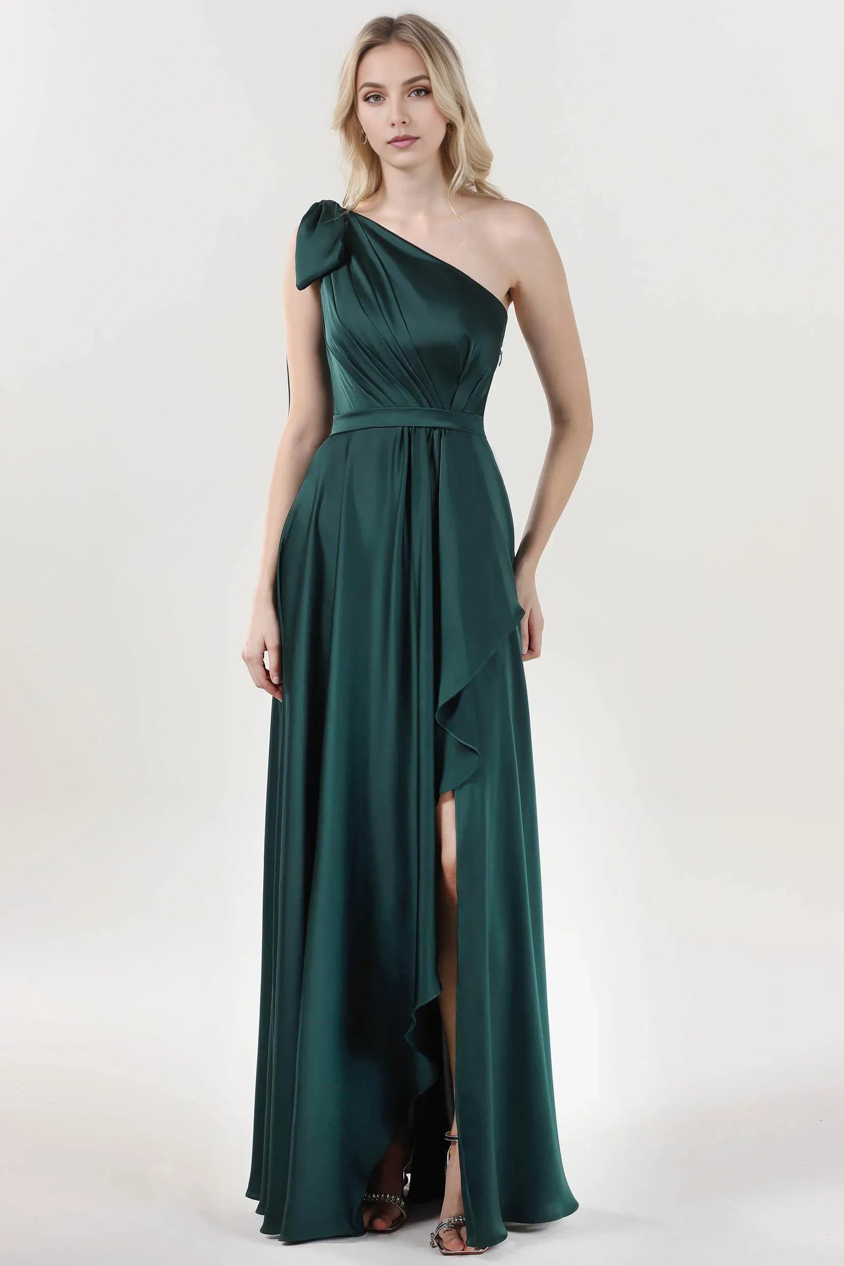 Elegant Asymmetrical One-Shoulder Sleeveless Back Zip Floor-Length Satin Drape-Detail High-Slit Prom Dress