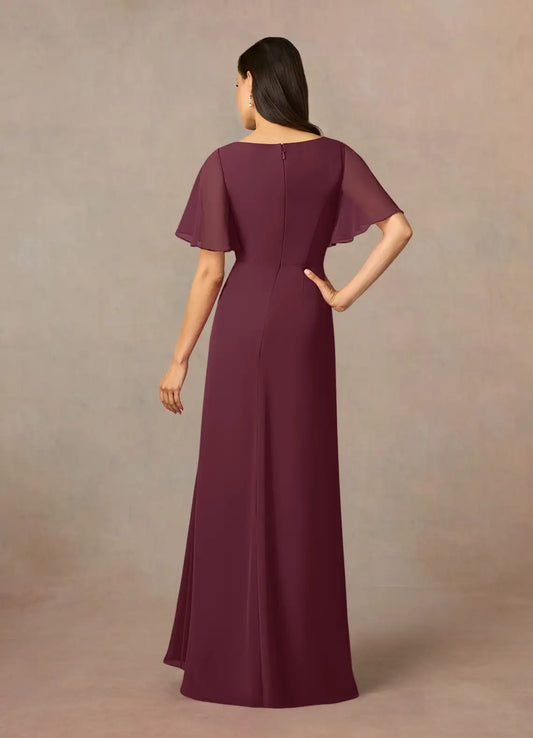 Elegant Beaded Chiffon Scoop Neck Flutter Sleeve Back Zip Floor-Length Mother of the Bride Dress hot sale