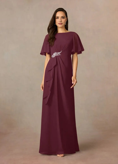 Elegant Beaded Chiffon Scoop Neck Flutter Sleeve Back Zip Floor-Length Mother of the Bride Dress hot sale