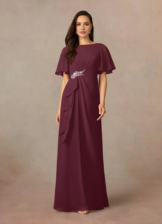 Elegant Beaded Chiffon Scoop Neck Flutter Sleeve Back Zip Floor-Length Mother of the Bride Dress hot sale