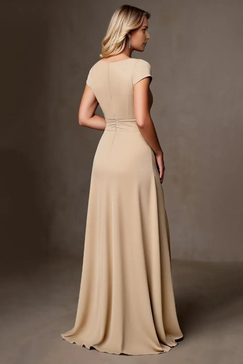Elegant Beige Satin A Line Scoop Cap Sleeve Ruffled Back Zip Asymmetric Hem Gown Mother of the Bride Dress