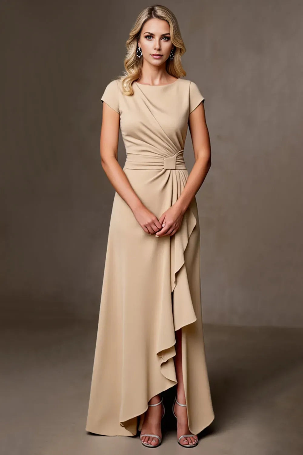 Elegant Beige Satin A Line Scoop Cap Sleeve Ruffled Back Zip Asymmetric Hem Gown Mother of the Bride Dress