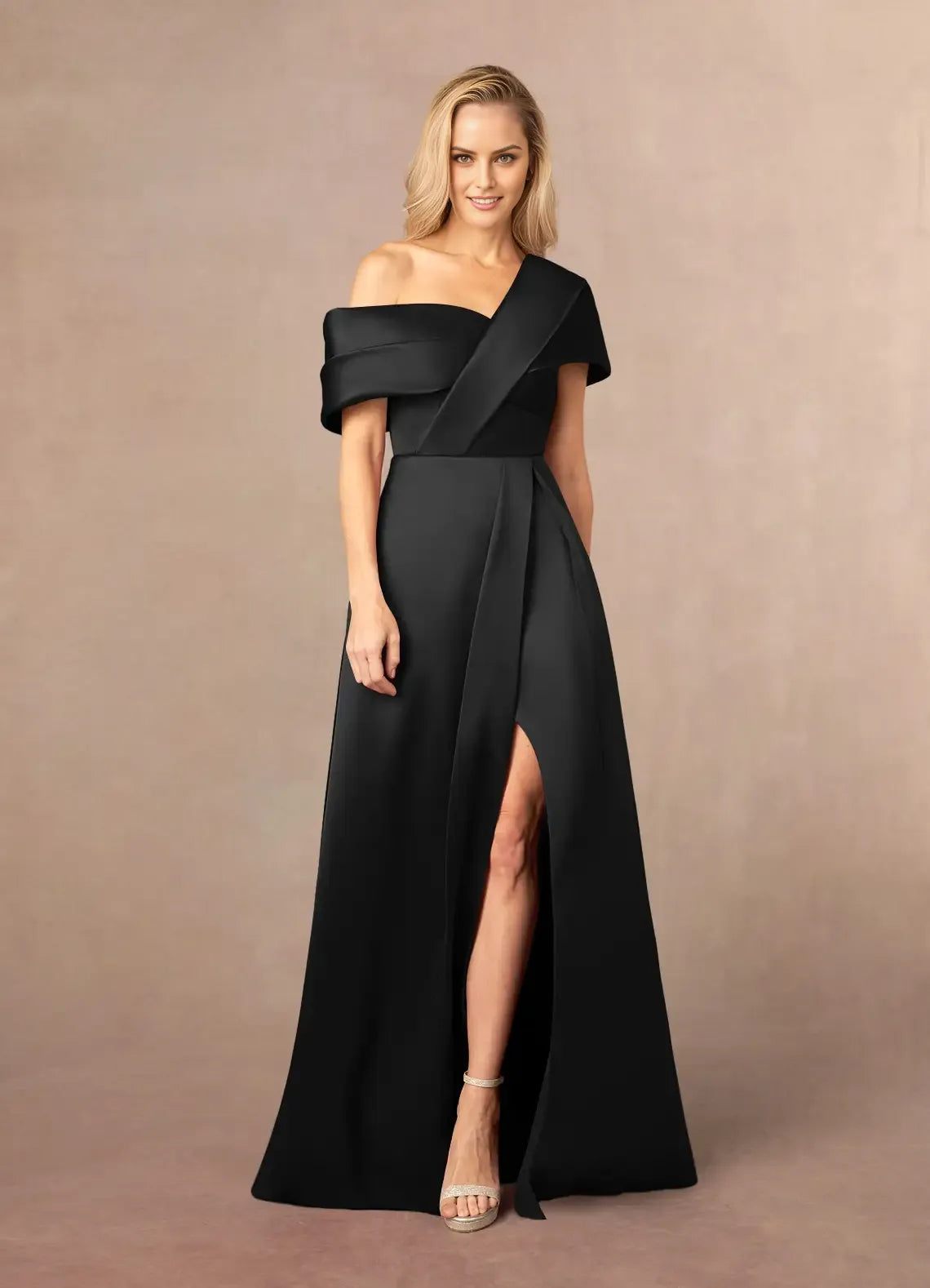 Elegant Black A-Line Asymmetrical neckline Cold Shoulder Sleeve Spaghetti Straps Back Zip Floor-Length Side Leg Slit Mother of the Bride Dress hot sale