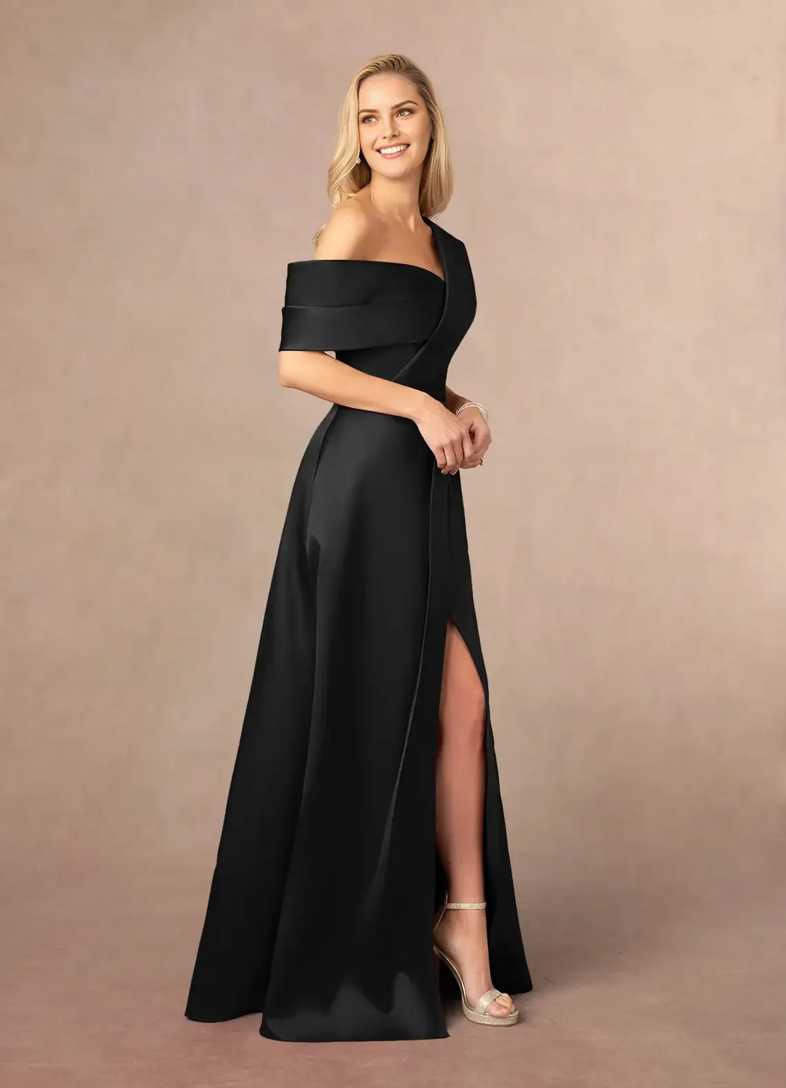 Elegant Black A-Line Asymmetrical neckline Cold Shoulder Sleeve Spaghetti Straps Back Zip Floor-Length Side Leg Slit Mother of the Bride Dress hot sale