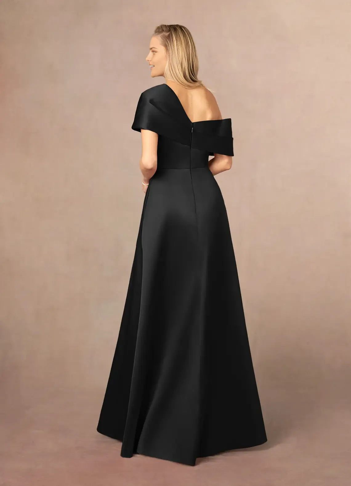 Elegant Black A-Line Asymmetrical neckline Cold Shoulder Sleeve Spaghetti Straps Back Zip Floor-Length Side Leg Slit Mother of the Bride Dress hot sale