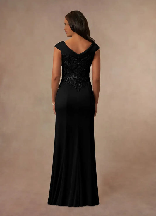 Elegant Black A-Line Lace V-Neck Cap Sleeves V back Back Zip Floor-Length Mother of the Bride Dress hot sale