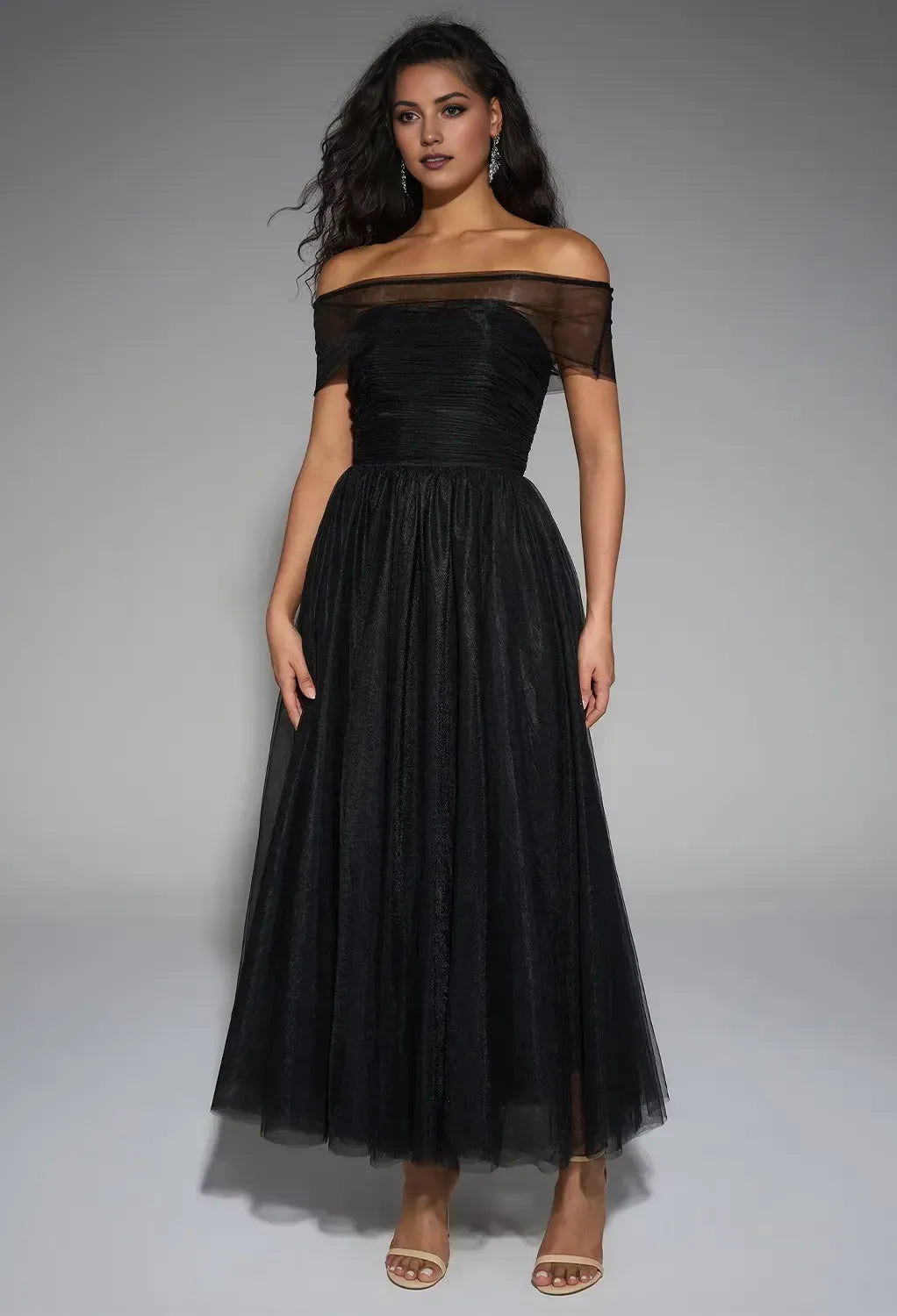 Elegant Black A-Line Off Shoulder Short Sleeve Zipper Back Tulle Ankle Length Prom Dresses