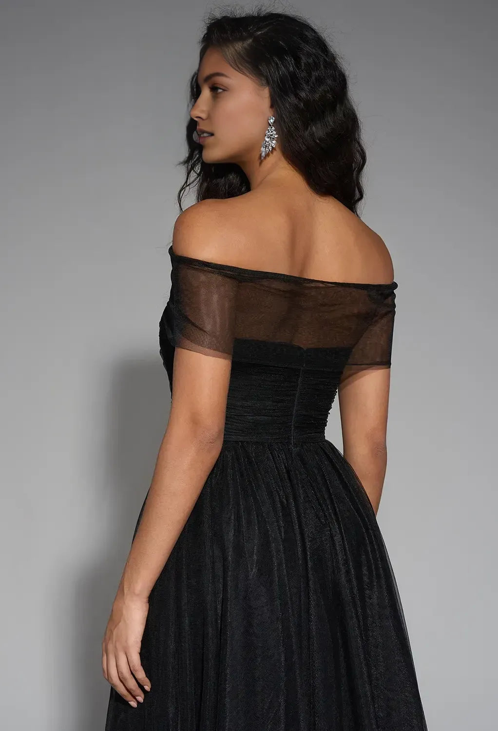 Elegant Black A-Line Off Shoulder Short Sleeve Zipper Back Tulle Ankle Length Prom Dresses