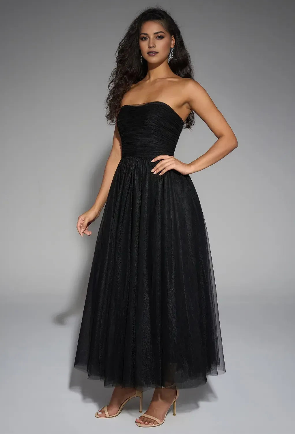 Elegant Black A-Line Off Shoulder Short Sleeve Zipper Back Tulle Ankle Length Prom Dresses