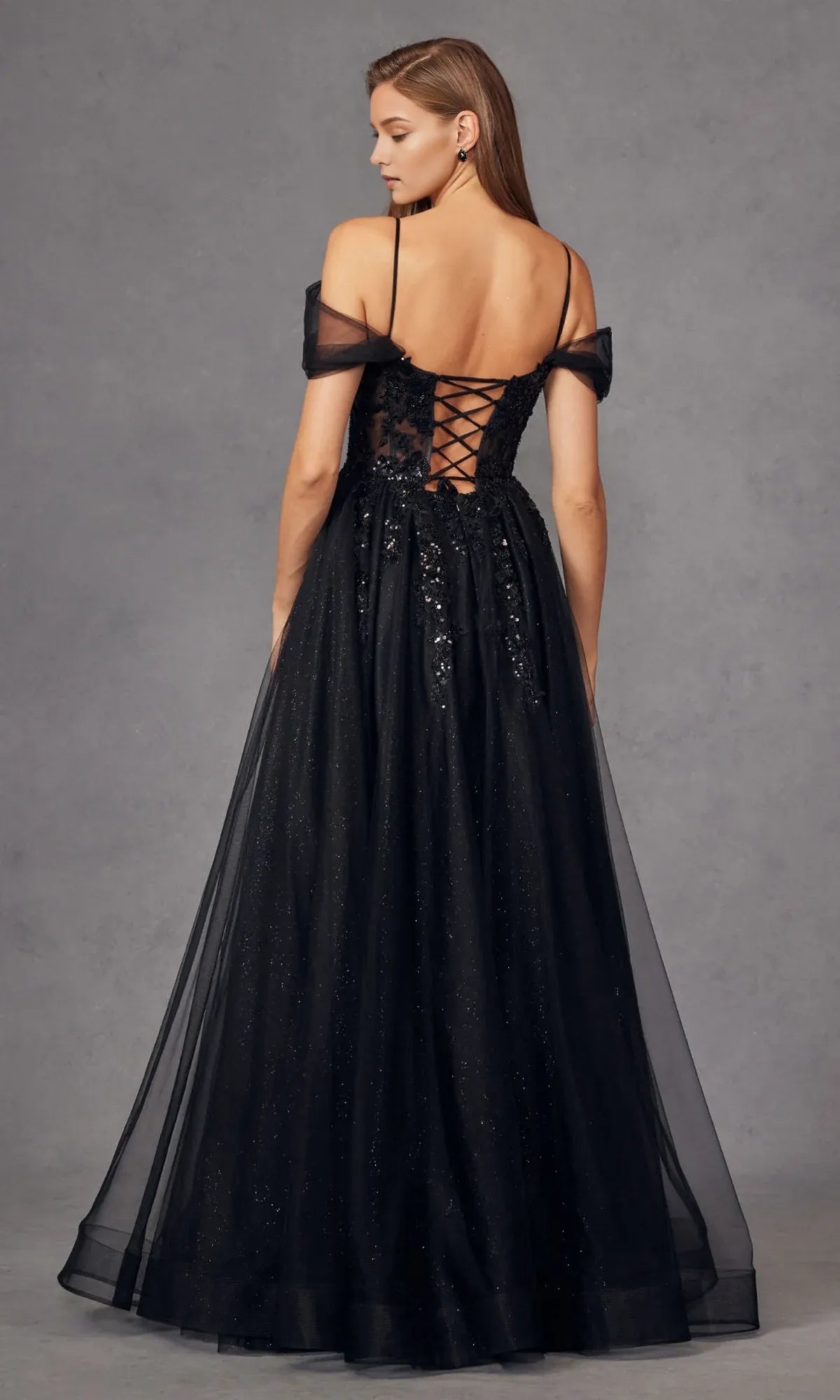 Elegant Black A-Line Off The Shoulder Sleeveless Lace Up Lace Appliques Glittering Tulle High Side Slit Prom Dresses
