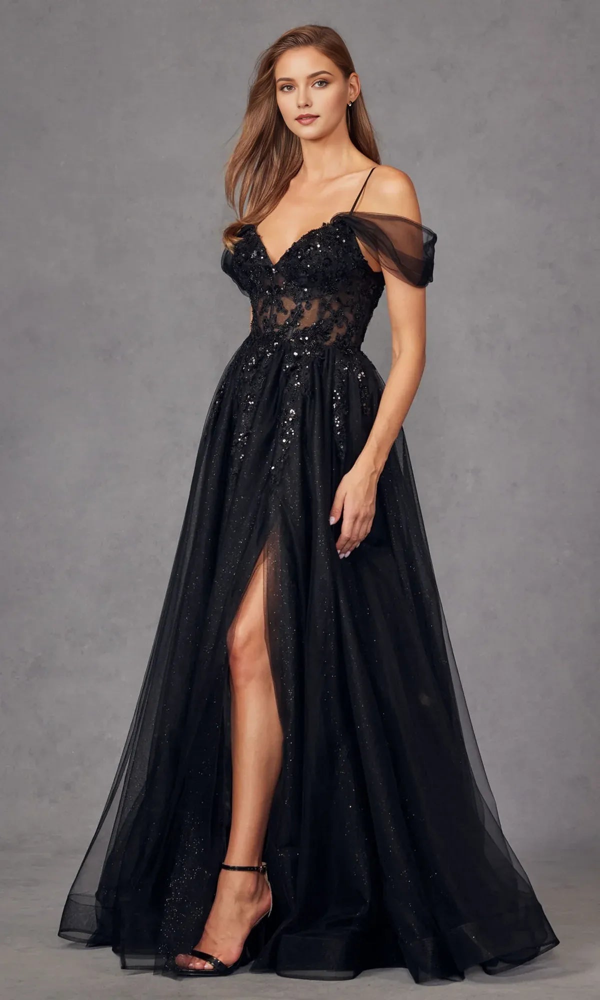 Elegant Black A-Line Off The Shoulder Sleeveless Lace Up Lace Appliques Glittering Tulle High Side Slit Prom Dresses