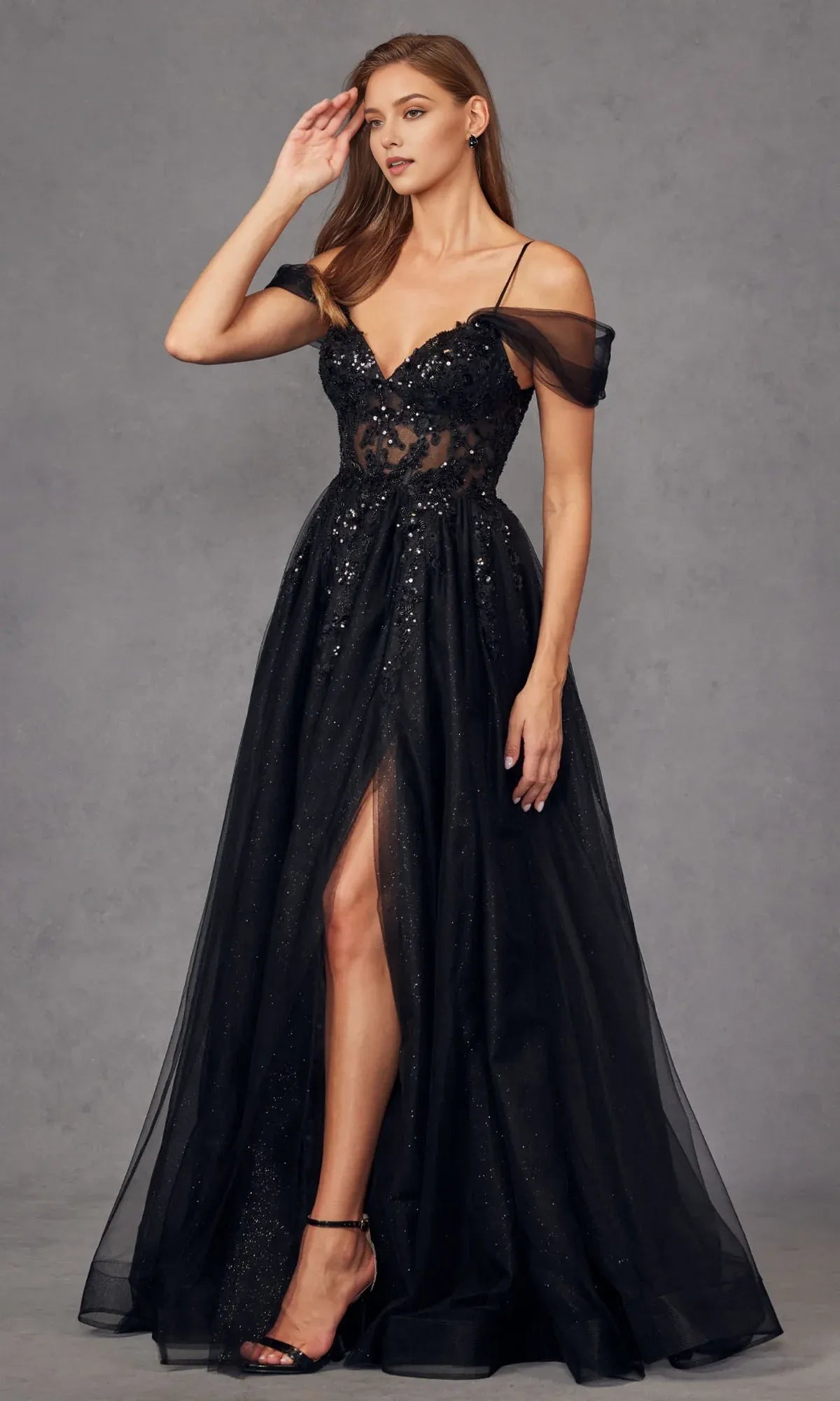 Elegant Black A-Line Off The Shoulder Sleeveless Lace Up Lace Appliques Glittering Tulle High Side Slit Prom Dresses