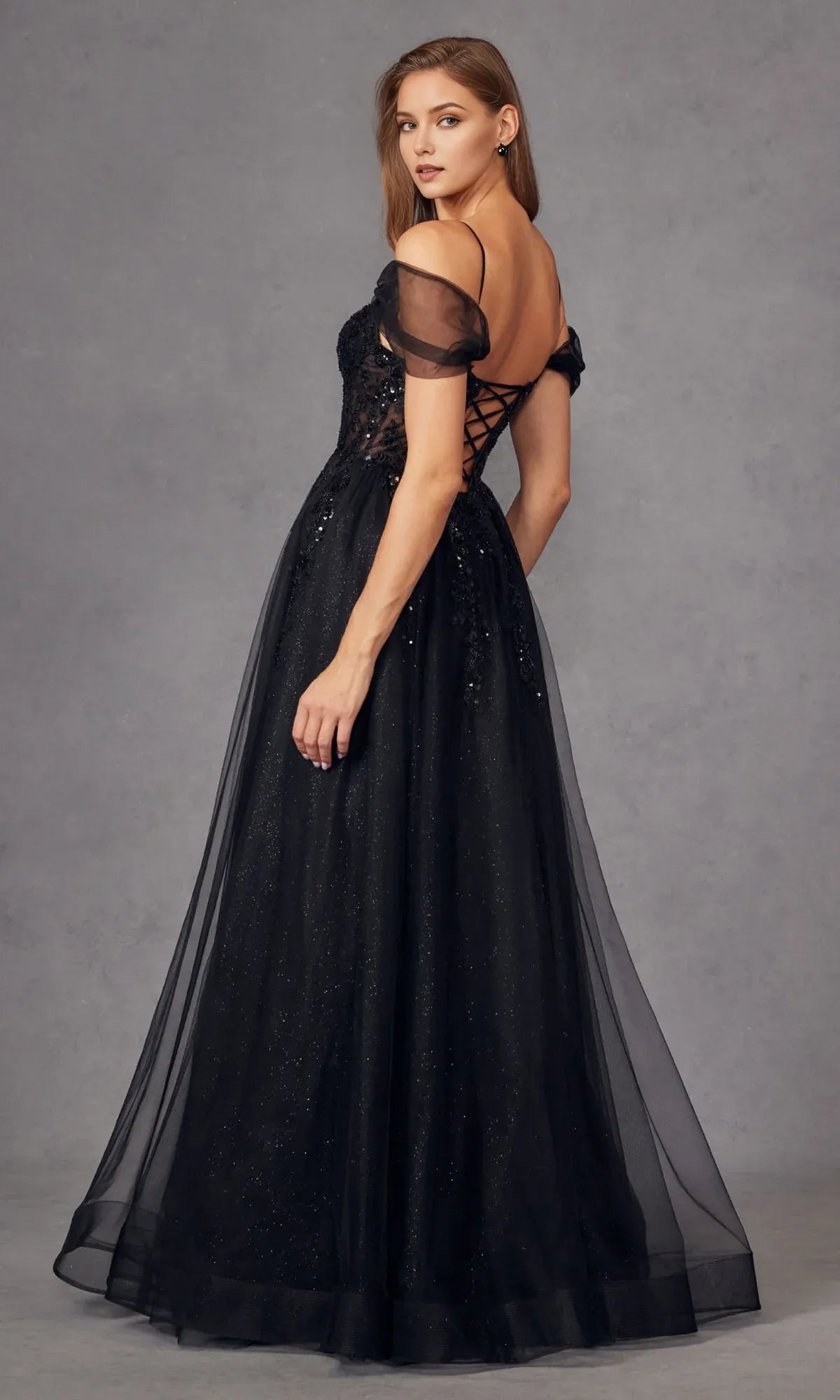Elegant Black A-Line Off The Shoulder Sleeveless Lace Up Lace Appliques Glittering Tulle High Side Slit Prom Dresses