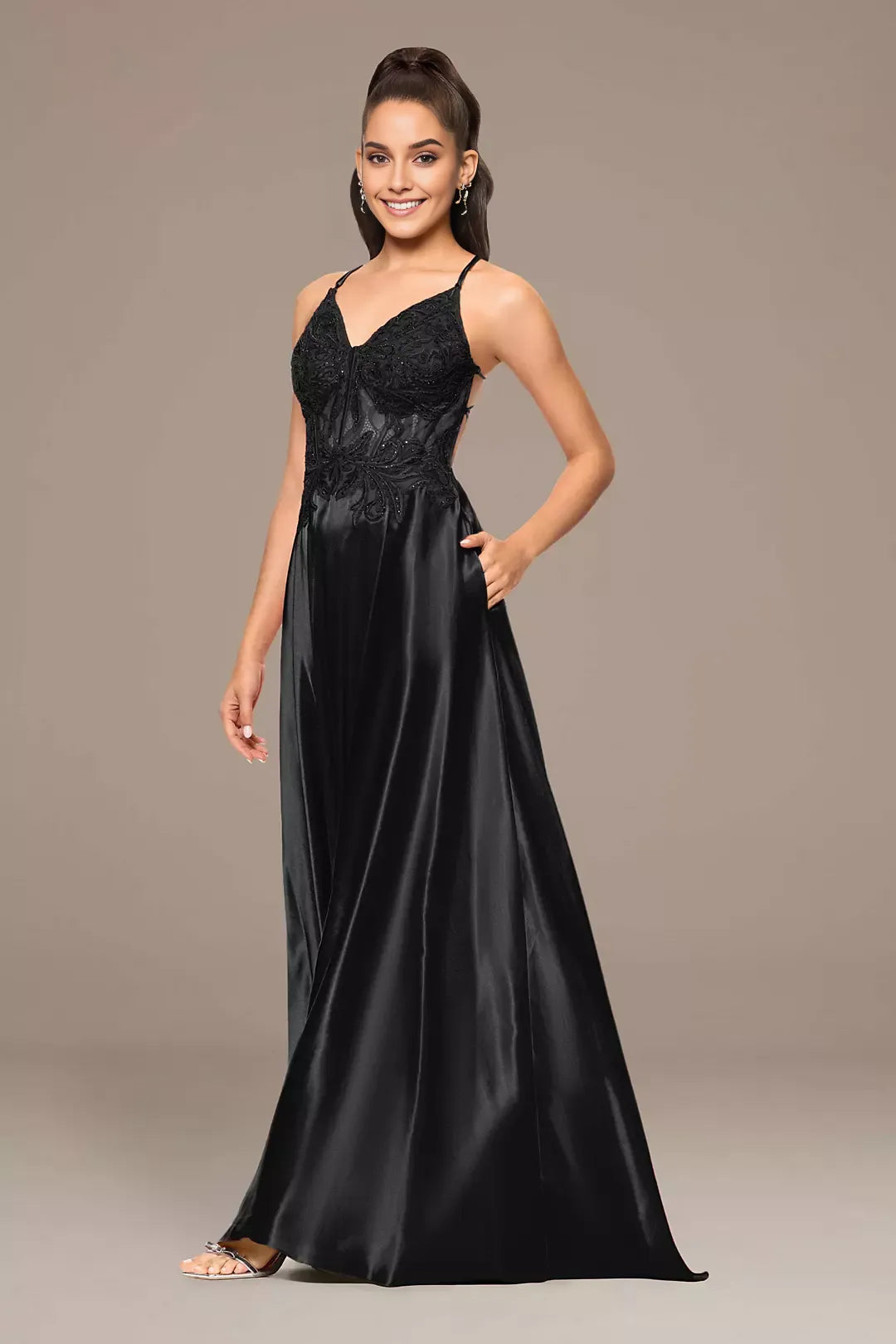 Elegant Black A-Line Plunging V-Neck Spaghetti-Strap Lace-Embroidered Crisscross Back Floor-Length Prom Dresses with Appliqued Bodice
