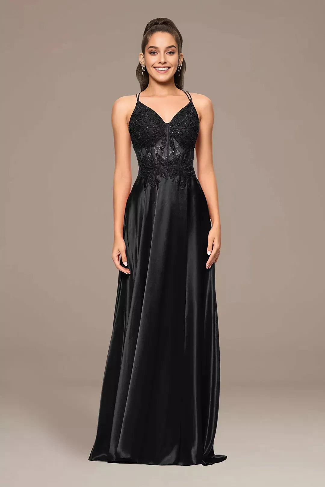 Elegant Black A-Line Plunging V-Neck Spaghetti-Strap Lace-Embroidered Crisscross Back Floor-Length Prom Dresses with Appliqued Bodice