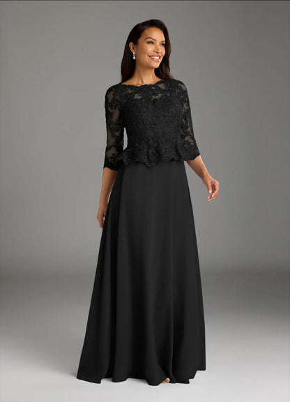 Elegant Black A-Line Sequins Boat neck Three-Quarter Sleeve Keyhole Illusion Back Zip Floor-Length Mother of the Bride Dress for women hot sale