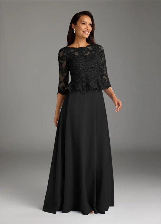 Elegant Black A-Line Sequins Boat neck Three-Quarter Sleeve Keyhole Illusion Back Zip Floor-Length Mother of the Bride Dress for women hot sale