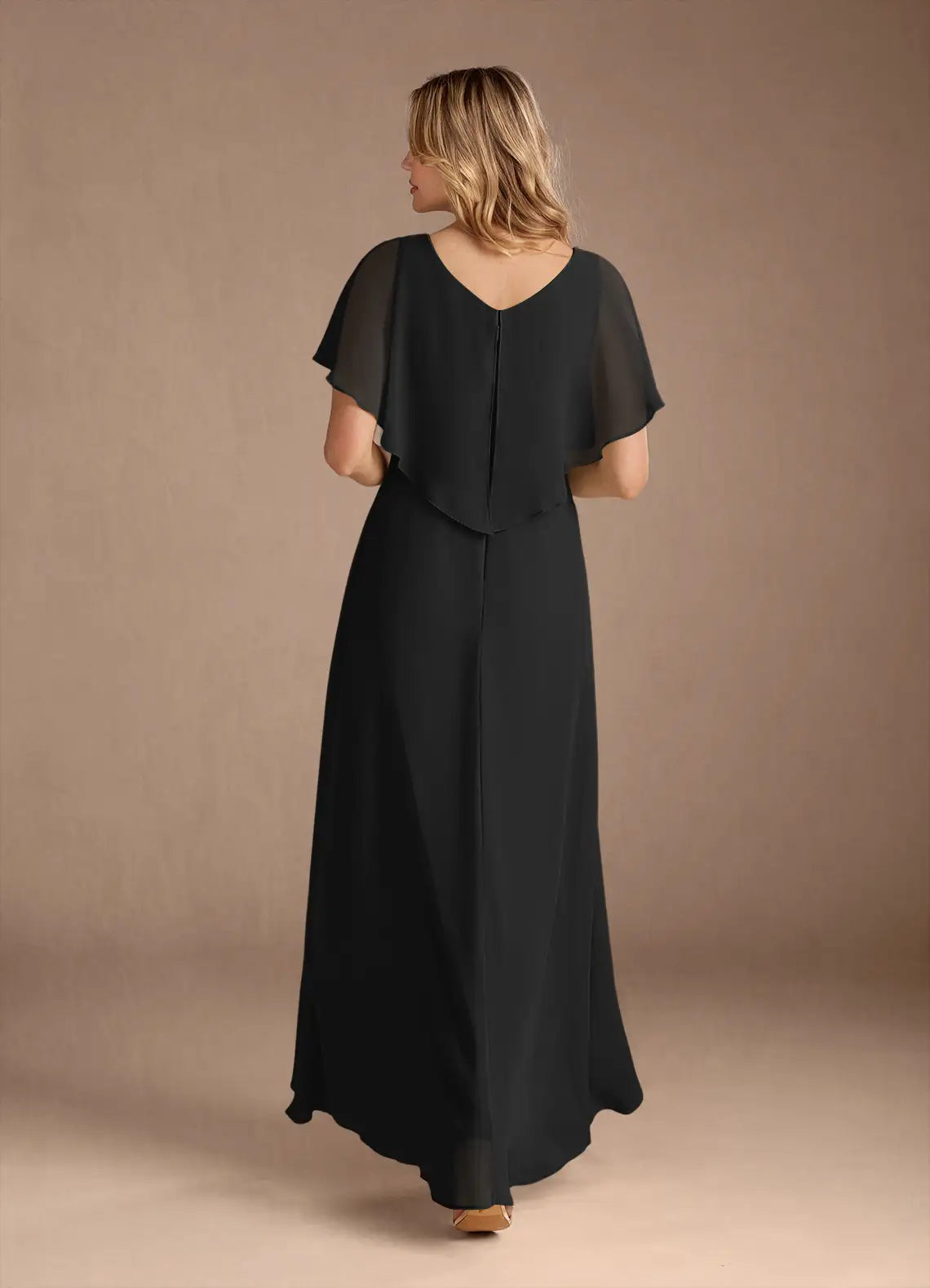 Elegant  Black  A-Line V-Neck Flutter Sleeve Back Zip Asymmetrical Mother of the Bride Dress for women hot sale
