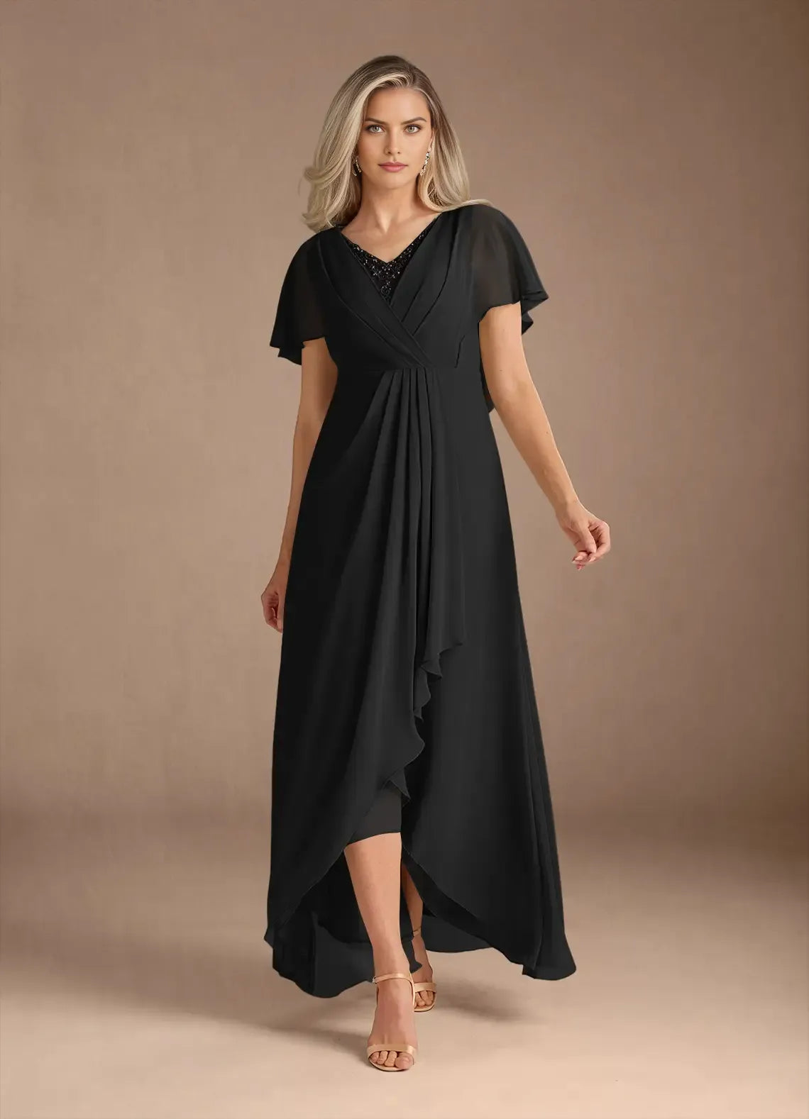 Elegant  Black  A-Line V-Neck Flutter Sleeve Back Zip Asymmetrical Mother of the Bride Dress for women hot sale