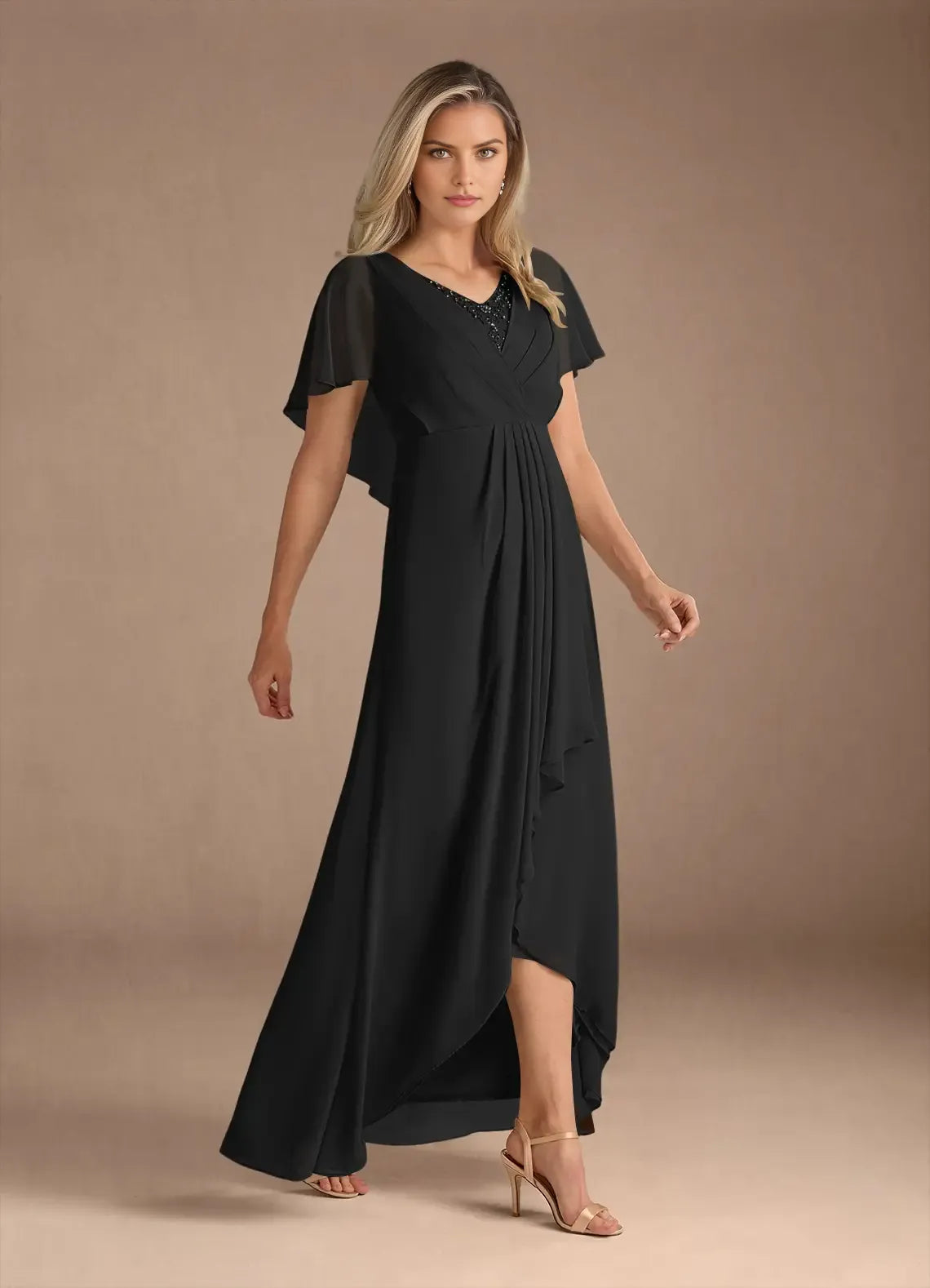 Elegant  Black  A-Line V-Neck Flutter Sleeve Back Zip Asymmetrical Mother of the Bride Dress for women hot sale