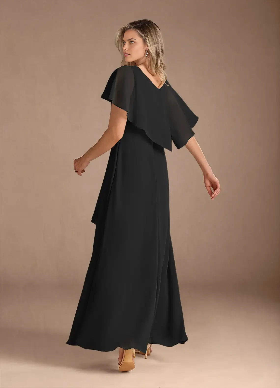 Elegant  Black  A-Line V-Neck Flutter Sleeve Back Zip Asymmetrical Mother of the Bride Dress for women hot sale