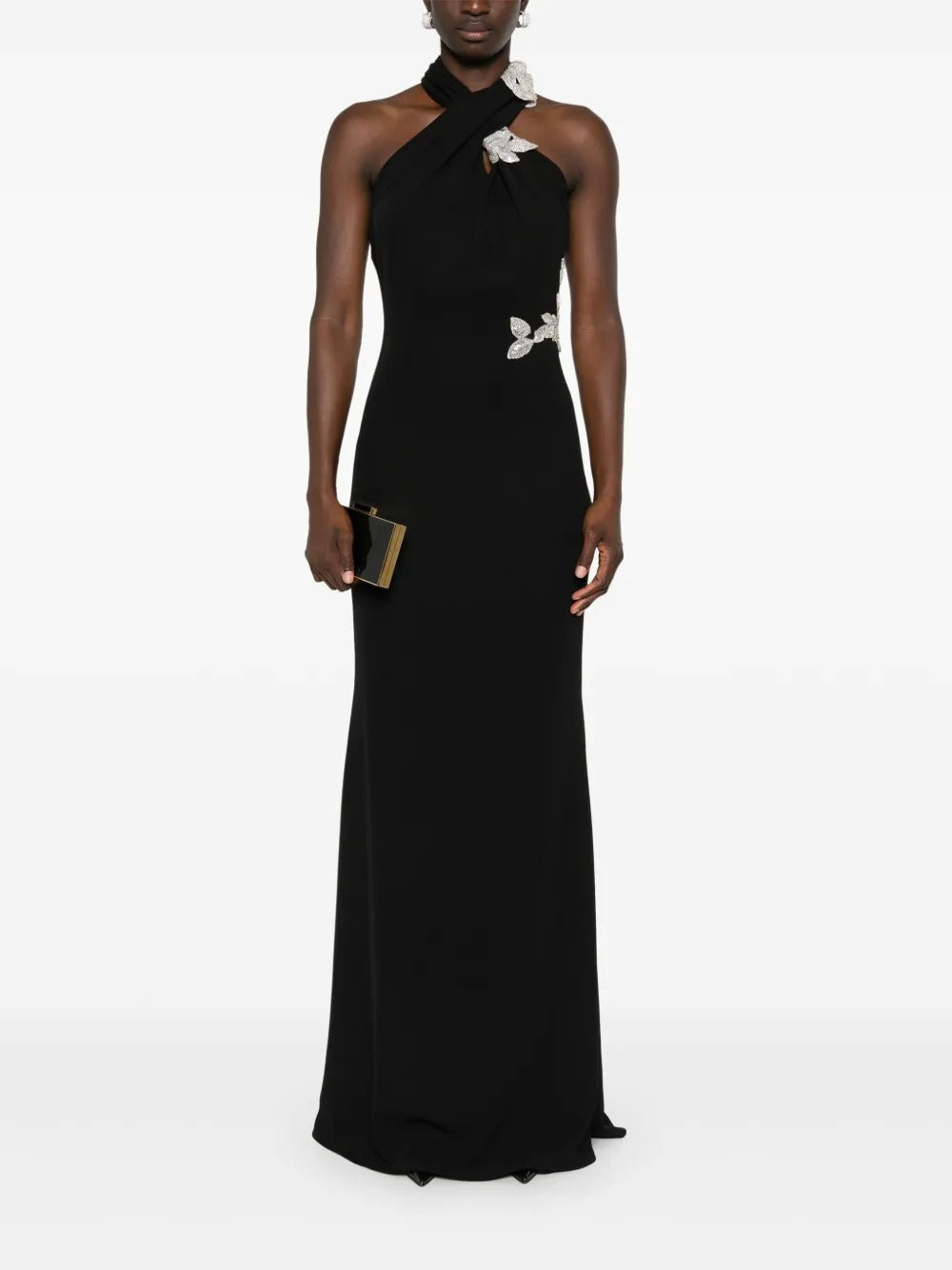 Elegant Black Crepe Halter-Neck Crystal-Embellished Evening Dress
