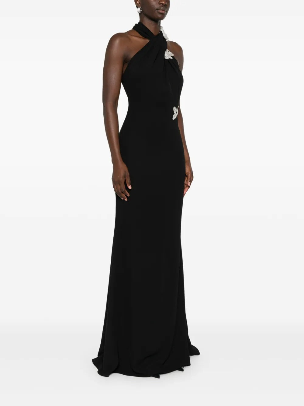 Elegant Black Crepe Halter-Neck Crystal-Embellished Evening Dress