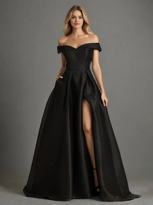 Elegant Black Long Off - Shoulder Satin Prom Dress A Line with High Slit and Satin Ball Gown for Formal Events