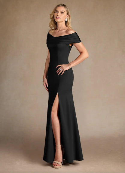 Elegant Black Mermaid Boat neck Cap Sleeves Side Zip Floor-Length Side Leg Slit Mother of the Bride Dress hot sale