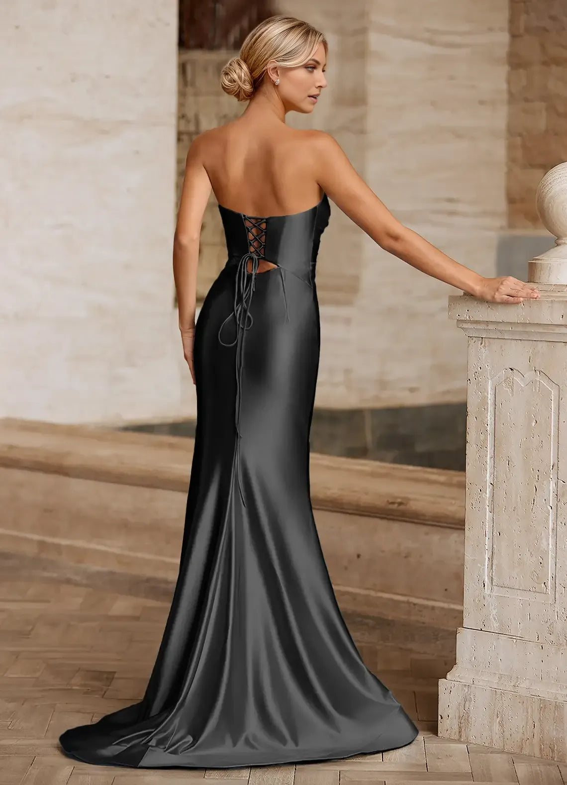 Elegant Black Mermaid Strapless Sleeveless Satin Lace-Up Back Floor-Length Satin Slit Prom Dress with Cut-Out   ﻿