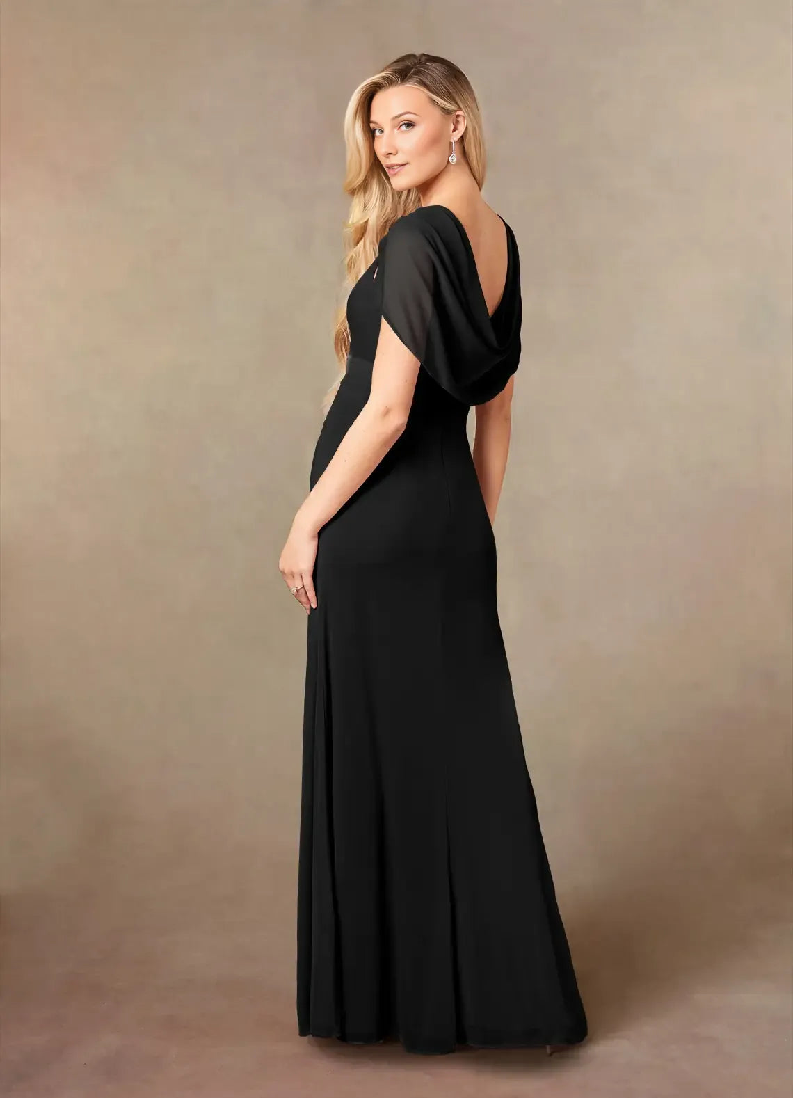 Elegant Black Mermaid V-Neck Cape Back Zip Floor-Length Side Leg Slit Mother of the Bride Dress for women hot sale