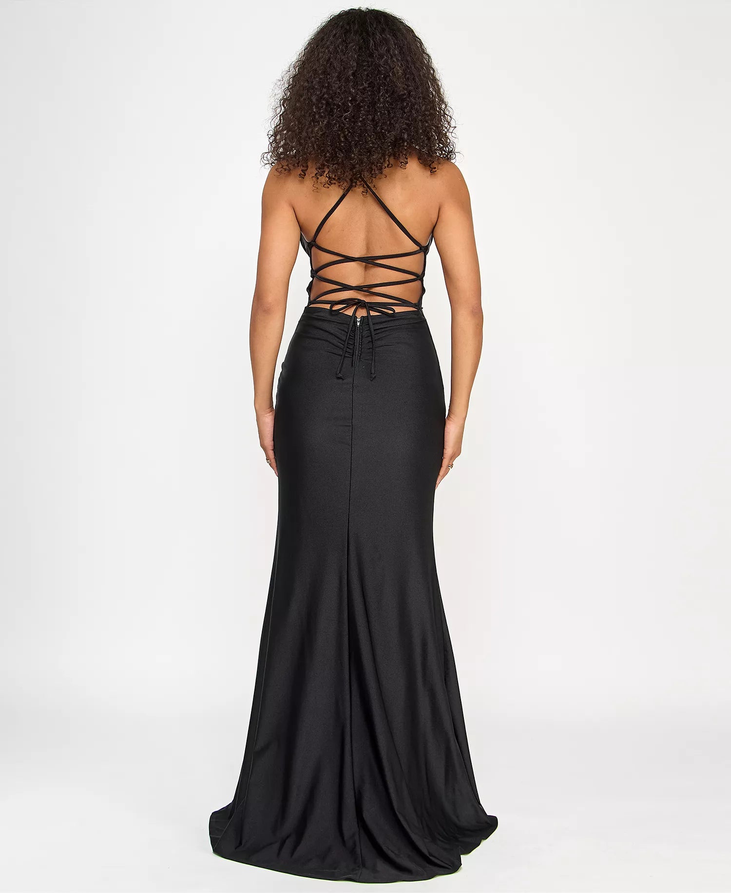 Elegant Black Mermaid V Neck Sleeveless Lace-Up-Back Ruched Slit Floor-Length Prom Dresses