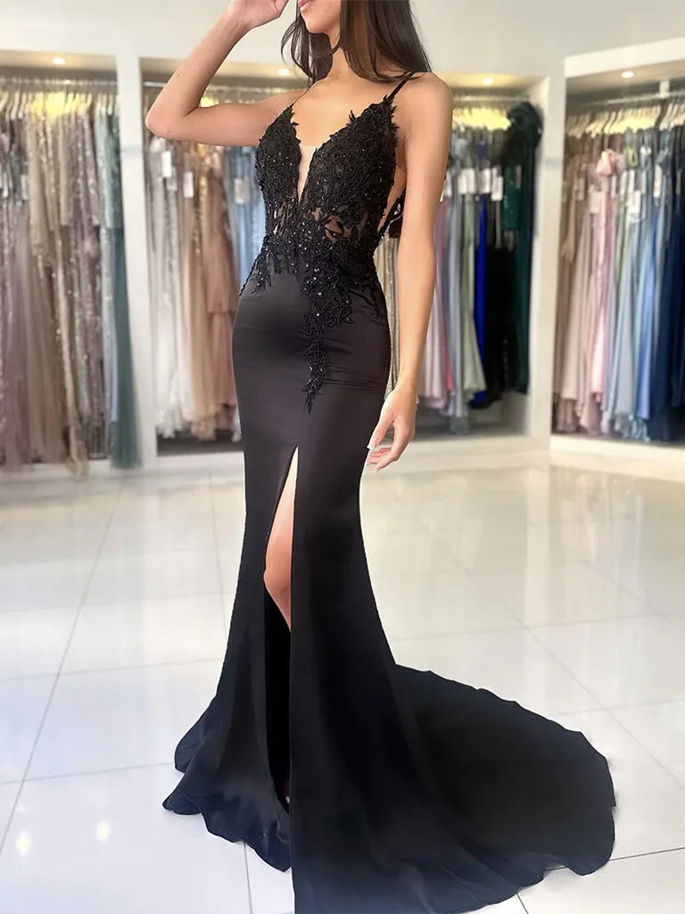 Elegant Black Mermaid V Neck Spaghetti Straps V Back Lace Appliques Floor-Length High Slit Prom Dress