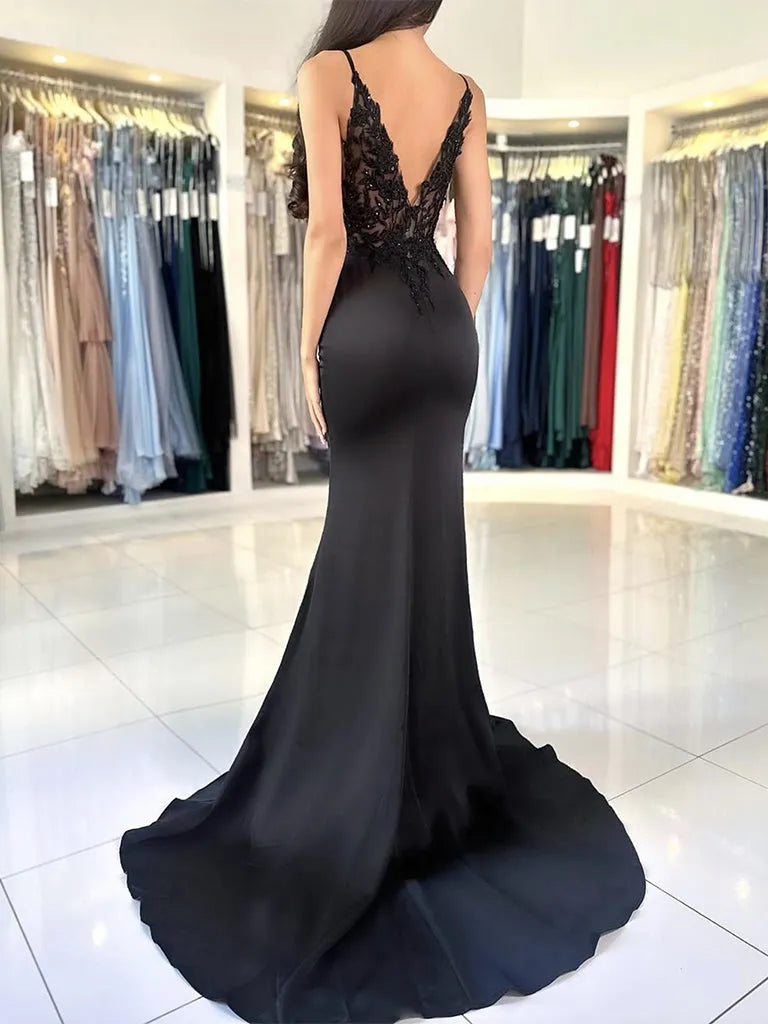 Elegant Black Mermaid V Neck Spaghetti Straps V Back Lace Appliques Floor-Length High Slit Prom Dress