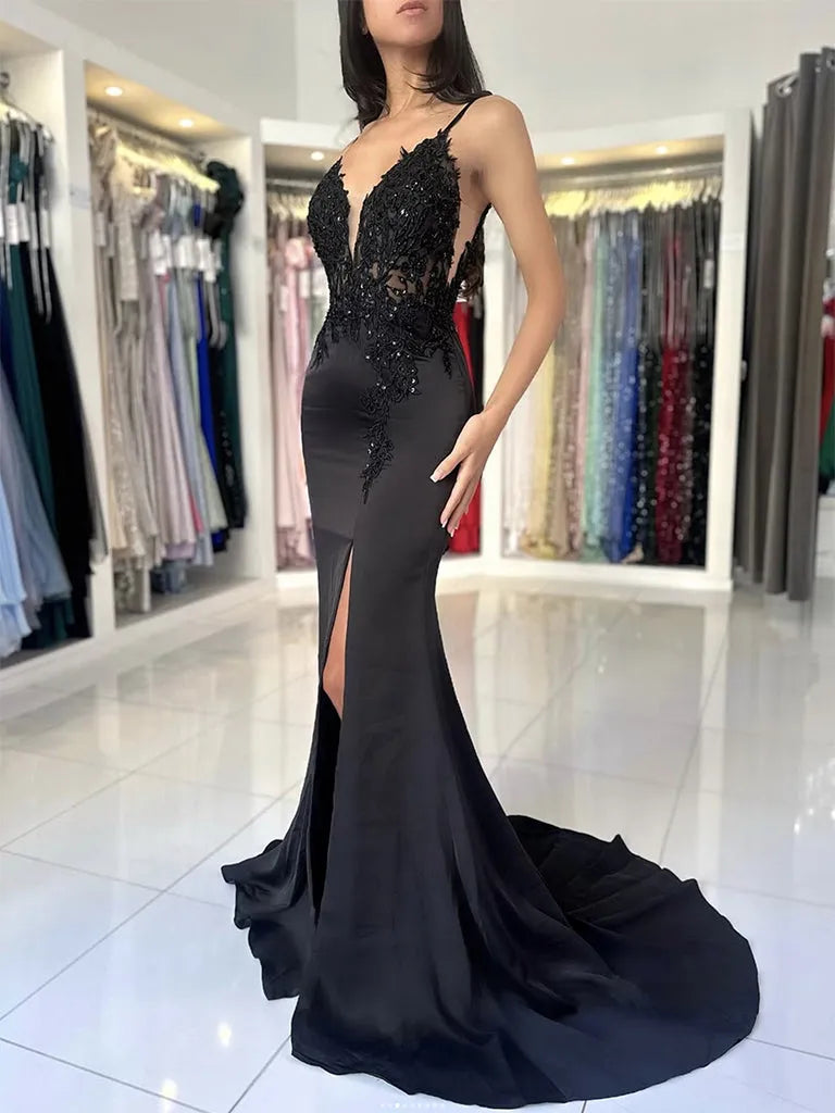 Elegant Black Mermaid V Neck Spaghetti Straps V Back Lace Appliques Floor-Length High Slit Prom Dress