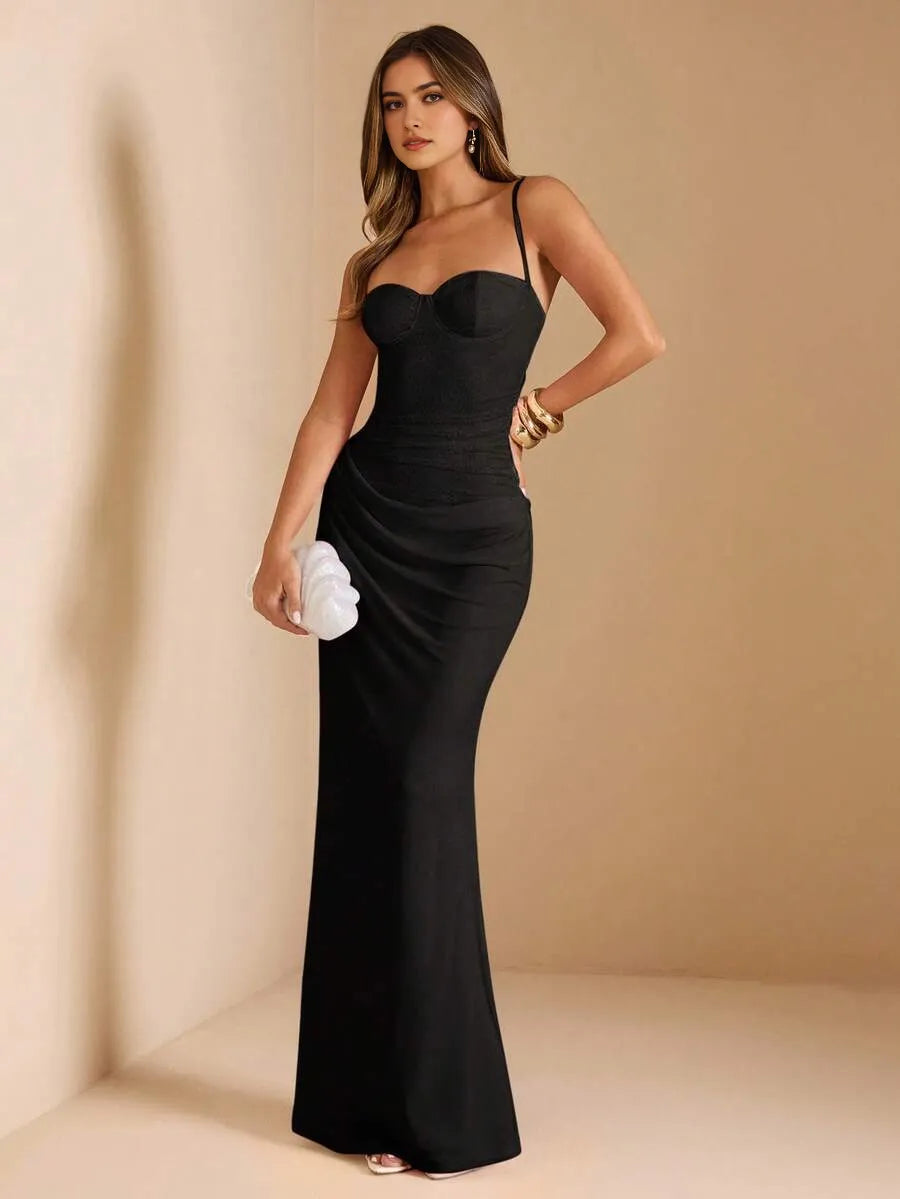 Elegant Black Sheath Spaghetti Straps Sleeveless Back Zip Lace Ruched Floor-Length Prom Dress ﻿
