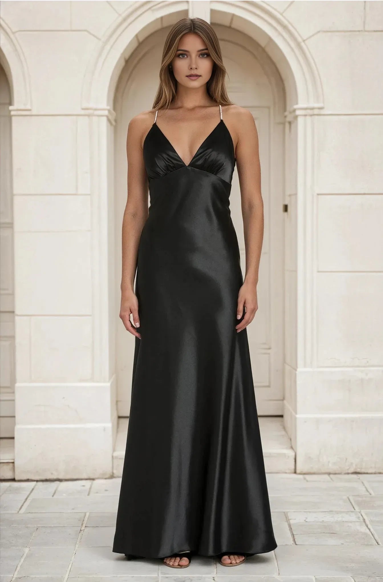 Elegant Black Sheath V -Neck Crystal Strap Cowl-Back Floor-Length Prom Dresses Women Hot sale ﻿