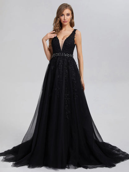 Elegant Black Tulle V-neck Backless Appliques Satin with Plunging Lace and Beaded Waistband