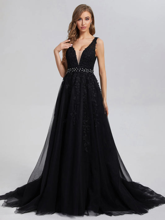 Elegant Black Tulle V-neck Backless Appliques Satin with Plunging Lace and Beaded Waistband