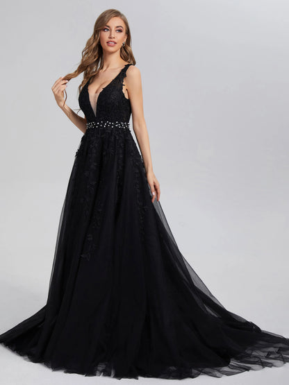 Elegant Black Tulle V-neck Backless Appliques Satin with Plunging Lace and Beaded Waistband