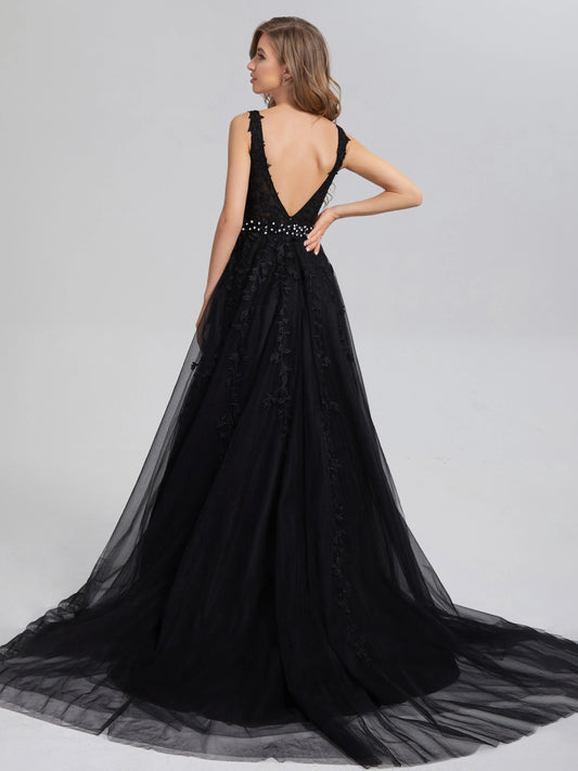 Elegant Black Tulle V-neck Backless Appliques Satin with Plunging Lace and Beaded Waistband