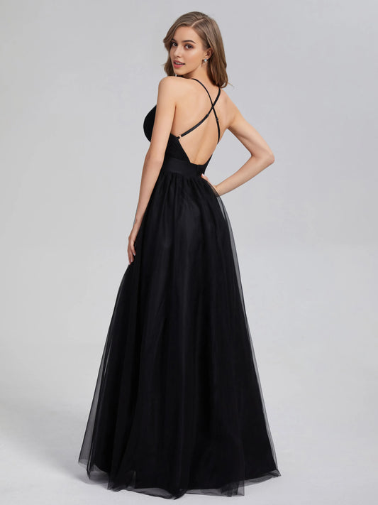 Elegant Black Tulle V-neck Split Tulle Prom Dress with Plunging Spaghetti Straps and High Side Slit