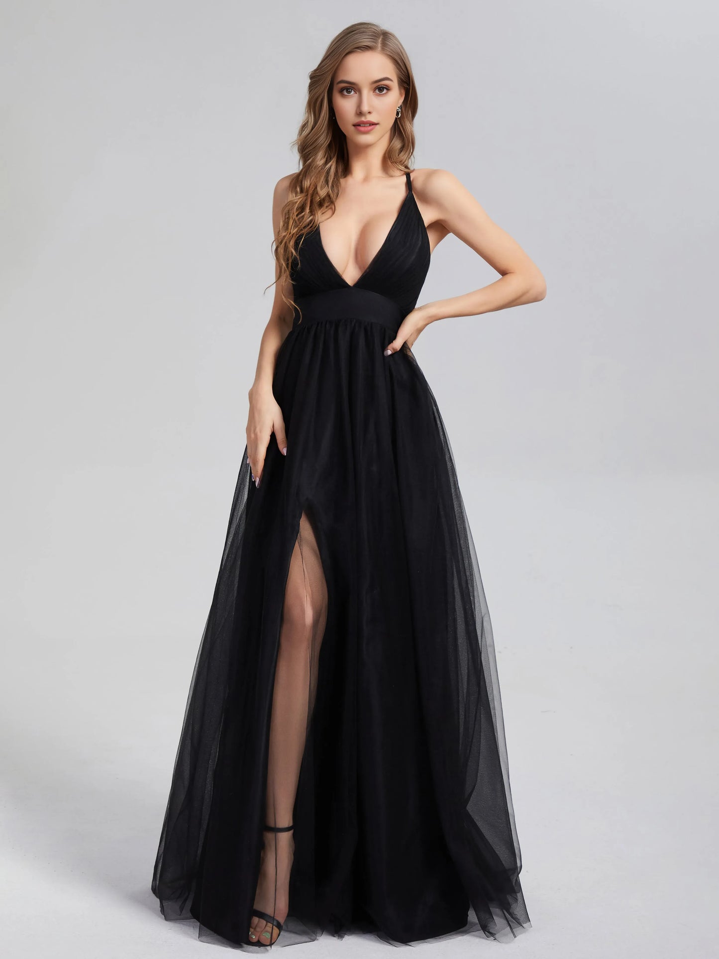 Elegant Black Tulle V-neck Split Tulle Prom Dress with Plunging Spaghetti Straps and High Side Slit